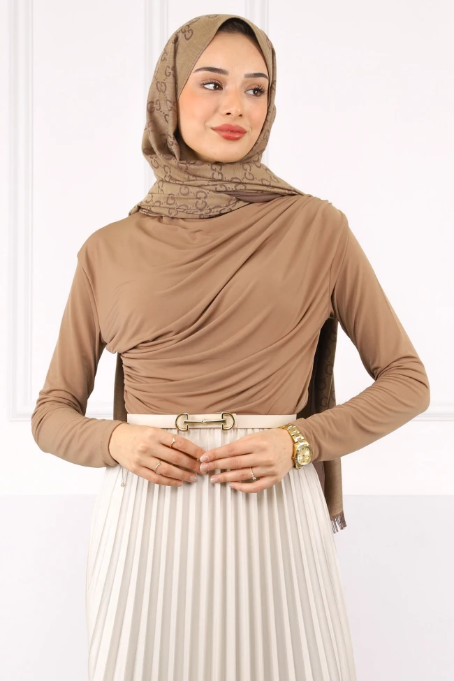 Camel Balıkçı Yaka Drapeli Sandy Bluz