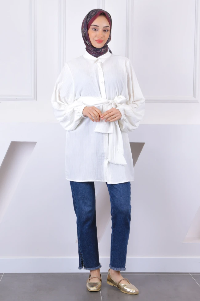 Ekru Bel Kuşaklı Tunik