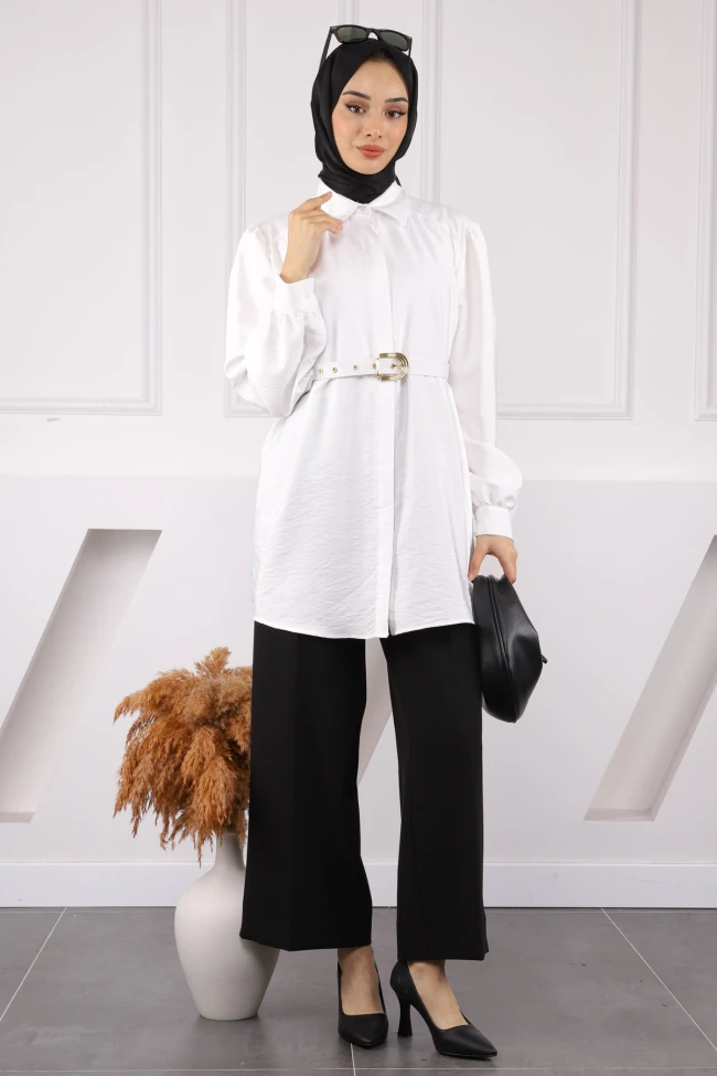 Ekru Kemerli Modal Tunik