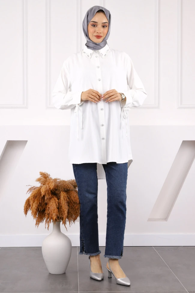 Ekru Kolu Bağcıklı Yaka Taşlı Linda Tunik