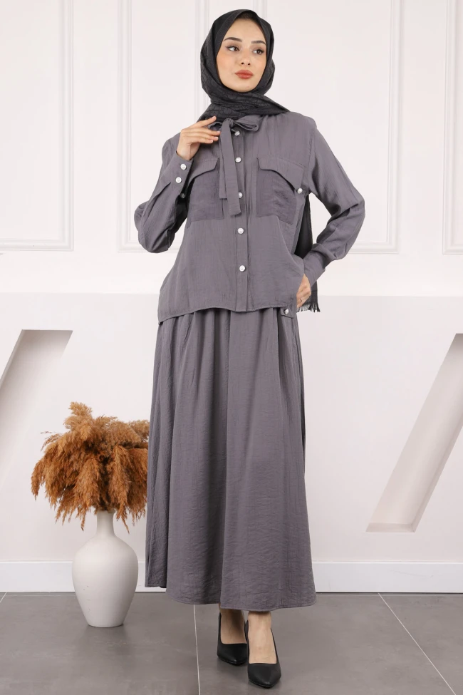 Füme Taş Detaylı Tunik Pantolonlu Oys Takım