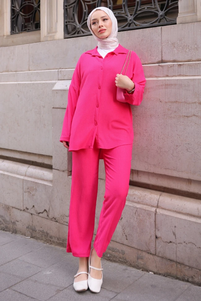 Fuşya Bürümcük Gömlek Pantolon Takım