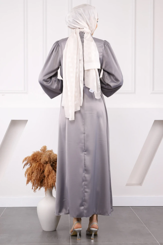 Gri Hakim Yaka Balon Kol Saten Abiye Elbise