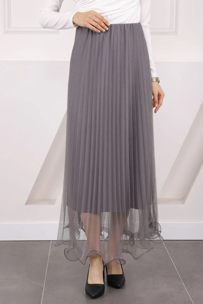 Gri Piliseli Bel Lastikli Etek