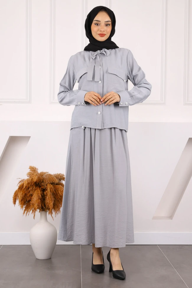 Gri Taş Detaylı Tunik Pantolonlu Oys Takım