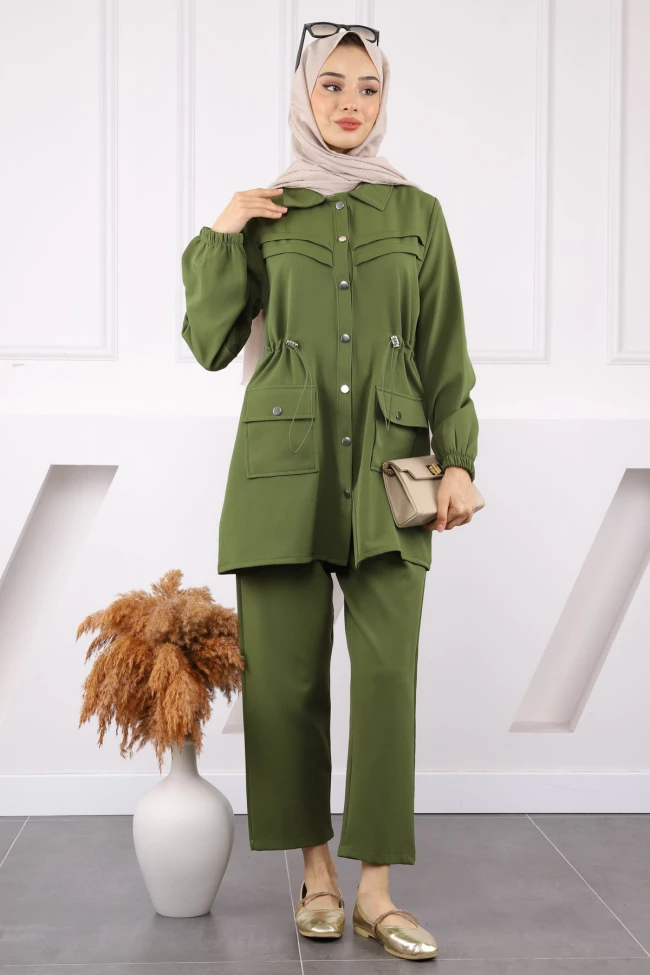Haki Bel Lastikli Tunik Pantolonlu Takım