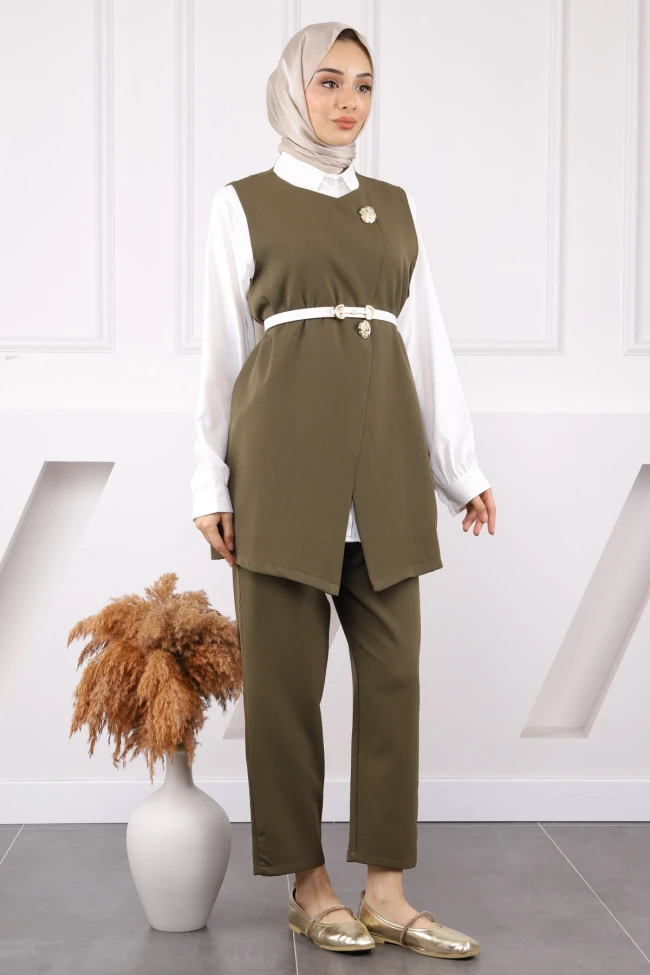 Haki Gömlek Yelek Pantolon Üçlü Kombin Takım