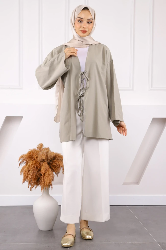 Haki Ön Bağlamalı Kimono