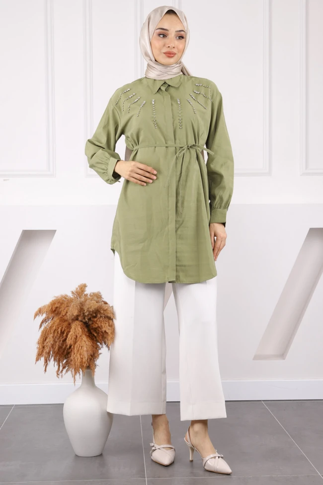 Haki Önü Taşlı Modal Tunik