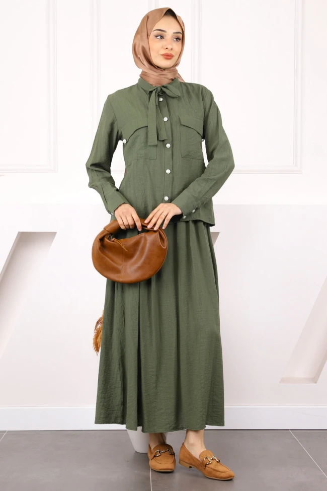 Haki Yaka Bağlamalı Gömlek Etekli Takım