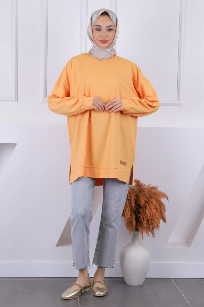 Hardal Pamuklu Kumaş Yan Yırtmaçlı Sweat