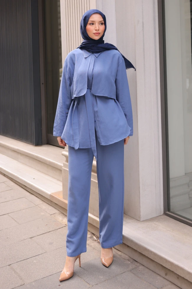 İndigo Bel Kuşaklı Gömlek Pantolonlu Takım