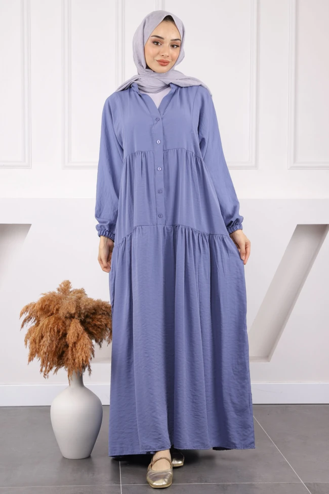 İndigo Yarım Düğmeli Eteği Katlı Modal Elbise