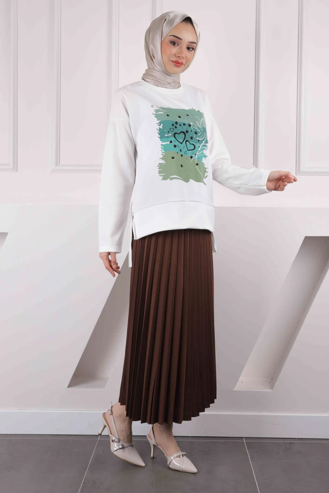 Kahve Mint Pilise Etekli Baskılı Krep Takım