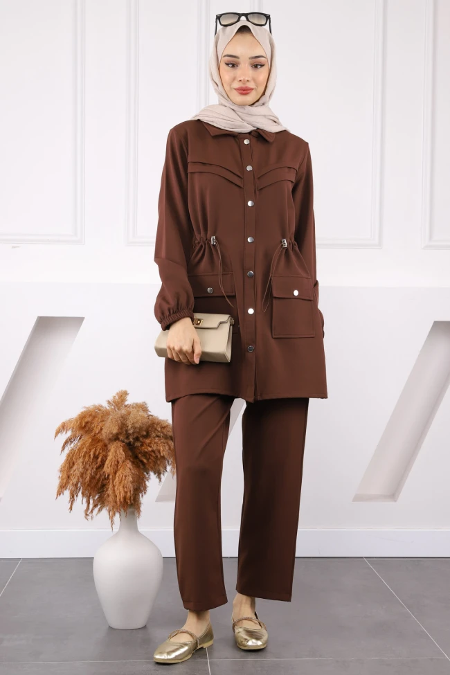Kahverengi Bel Lastikli Tunik Pantolonlu Takım