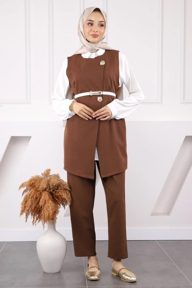 Kahverengi Gömlek Yelek Pantolon Üçlü Kombin Takım