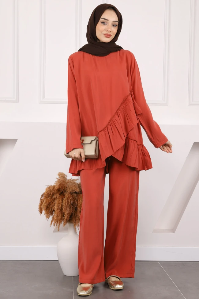 Kiremit Fırfır Detaylı Tunik Pantolonlu Takım