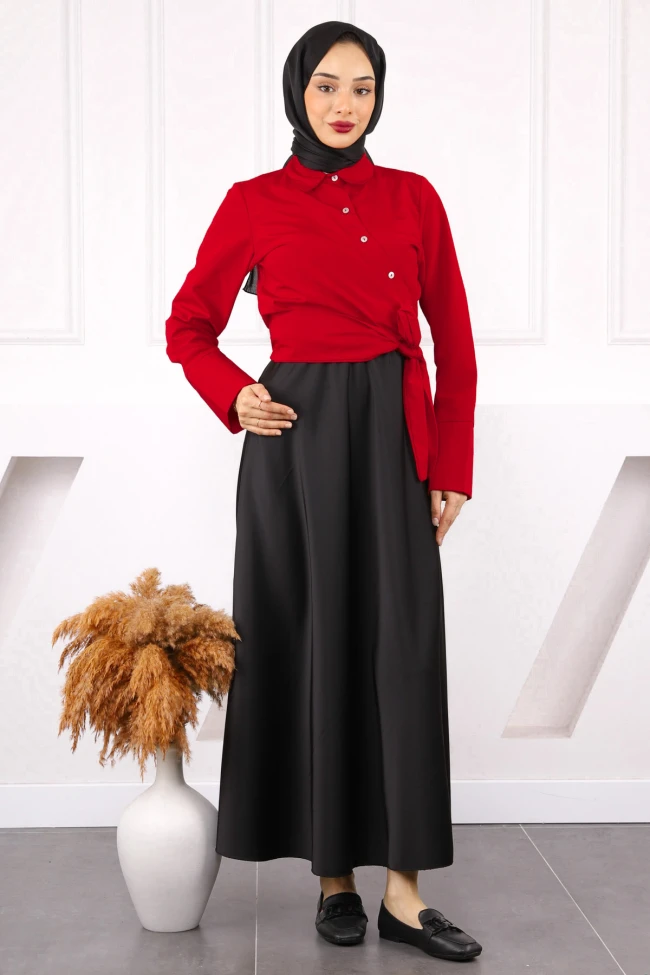 Kırmızı Bel Bağlamalı Crop Gömlek