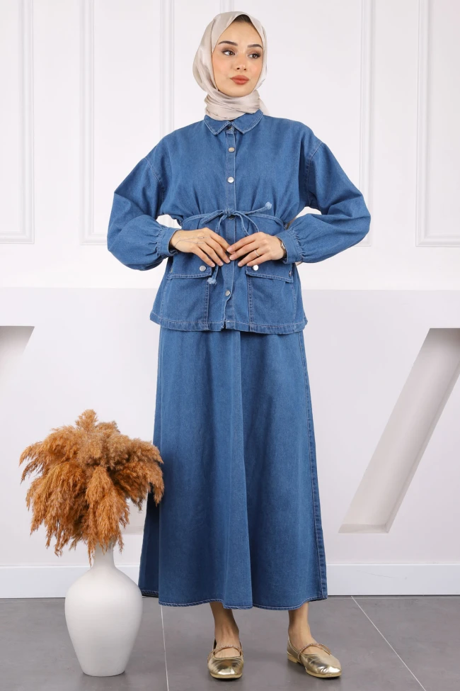 Koyu Mavi Cepli Ceket Etekli Kot Takım