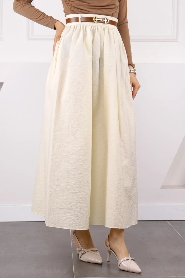 Krem Bel Kemerli Büzgülü Etek