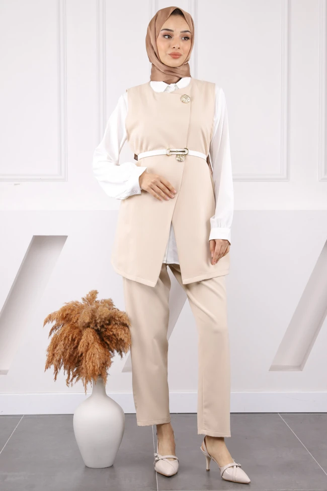 Krem Gömlek Yelek Pantolon Üçlü Kombin Takım