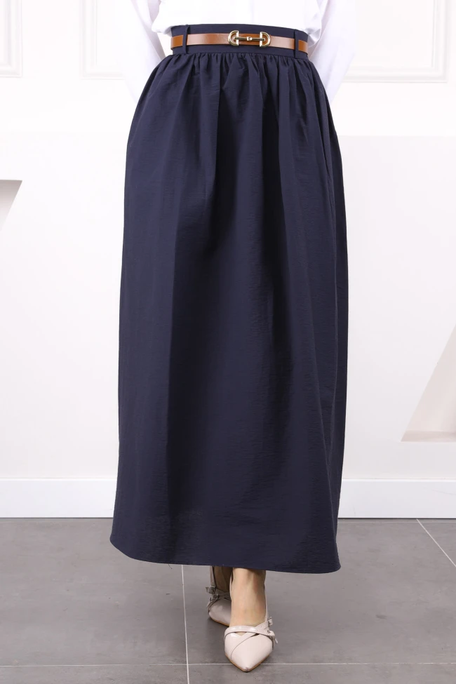 Lacivert Bel Kemerli Büzgülü Etek