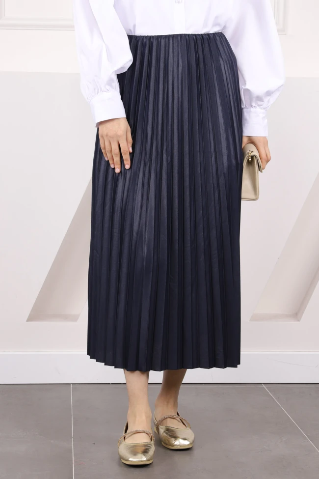 Lacivert Bel Lastikli Piliseli Etek