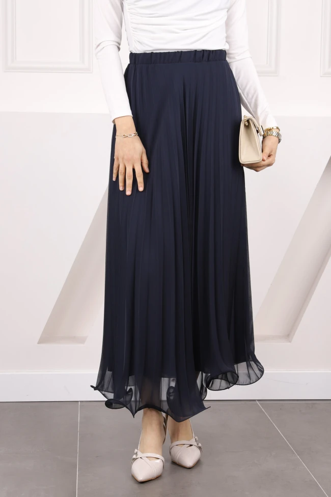 Lacivert Bel Lastikli Piliseli Şifon Etek