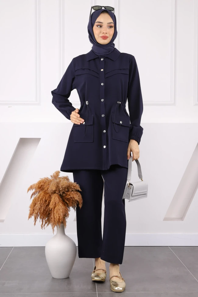 Lacivert Bel Lastikli Tunik Pantolonlu Takım