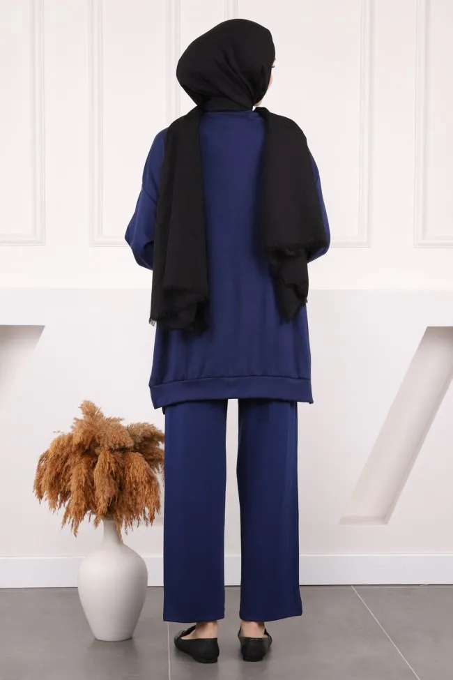 Lacivert Çiçek Detaylı Modal Tunik Pantolonlu Takım