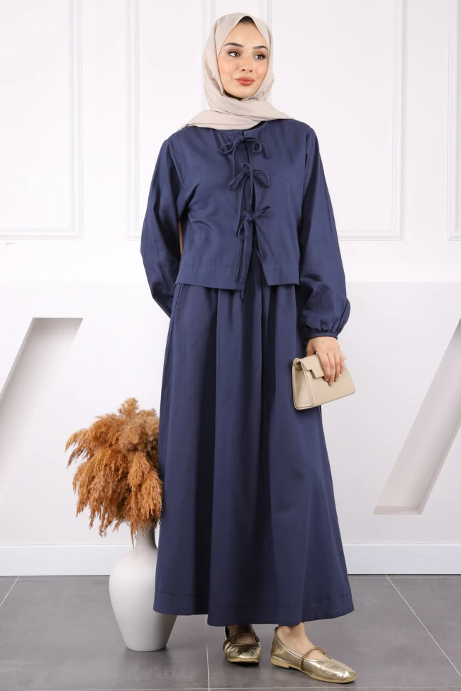 Lacivert Ön Bağlamalı Ceket Etekli Gabardin Takım