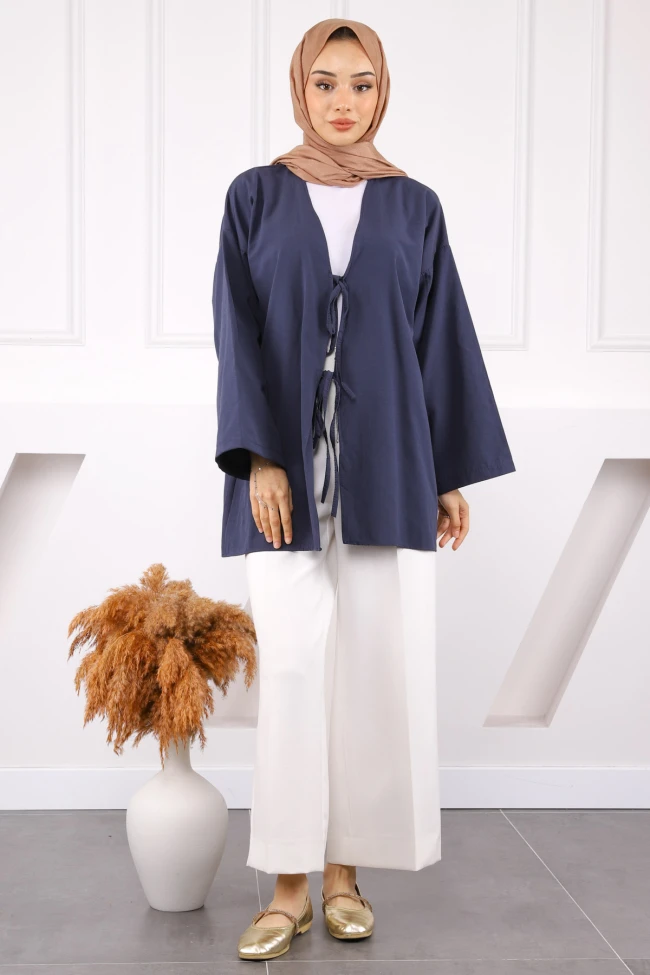 Lacivert Ön Bağlamalı Kimono
