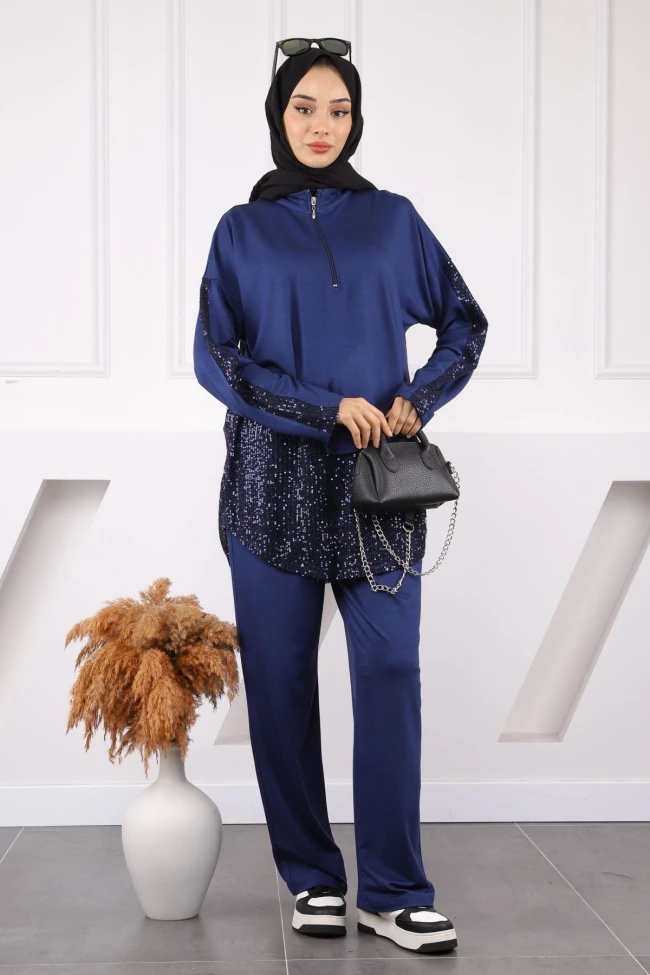Lacivert Pul Detaylı Tunik Pantolonlu Takım