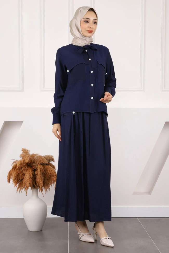 Lacivert Taş Detaylı Tunik Pantolonlu Oys Takım