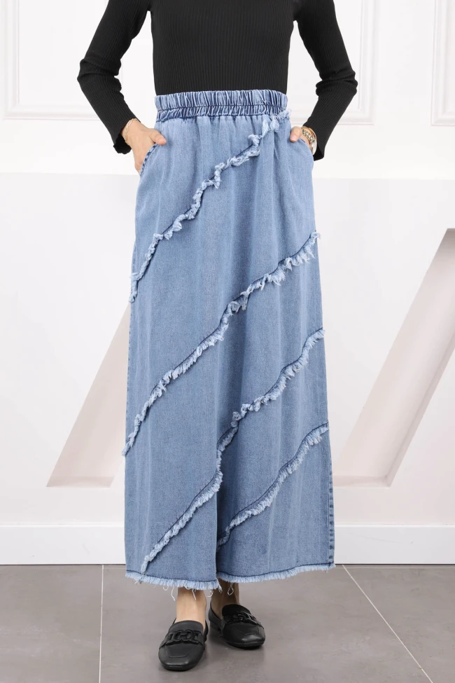 Mavi Bel Lastikli Cepli Kot Etek