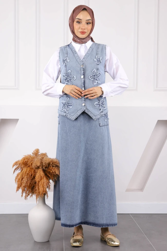 Mavi Çiçek Nakışlı Yelek Etekli Kot Takım