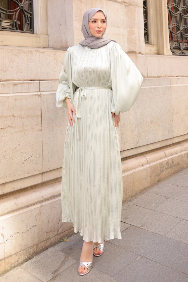 Mint Bel Kuşaklı Balon Kol Piliseli Abiye