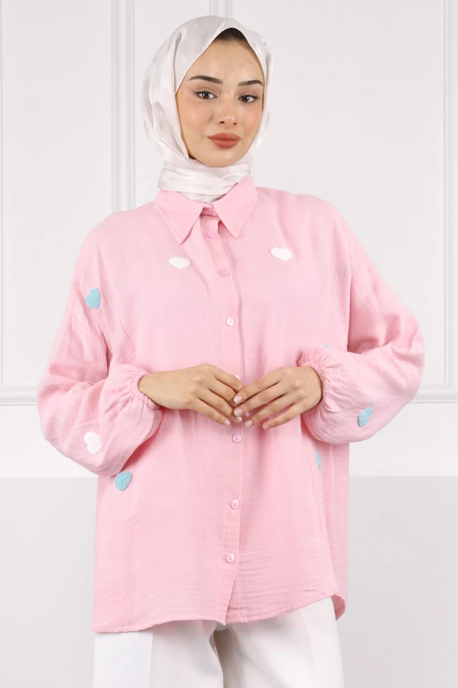 Pembe Kalp Nakışlı Keten Gömlek