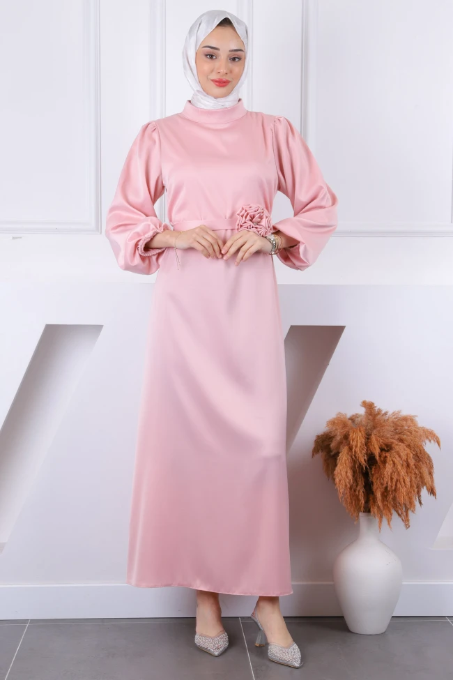 Pudra Gül Kemer Detaylı Balon Kol Saten Abiye