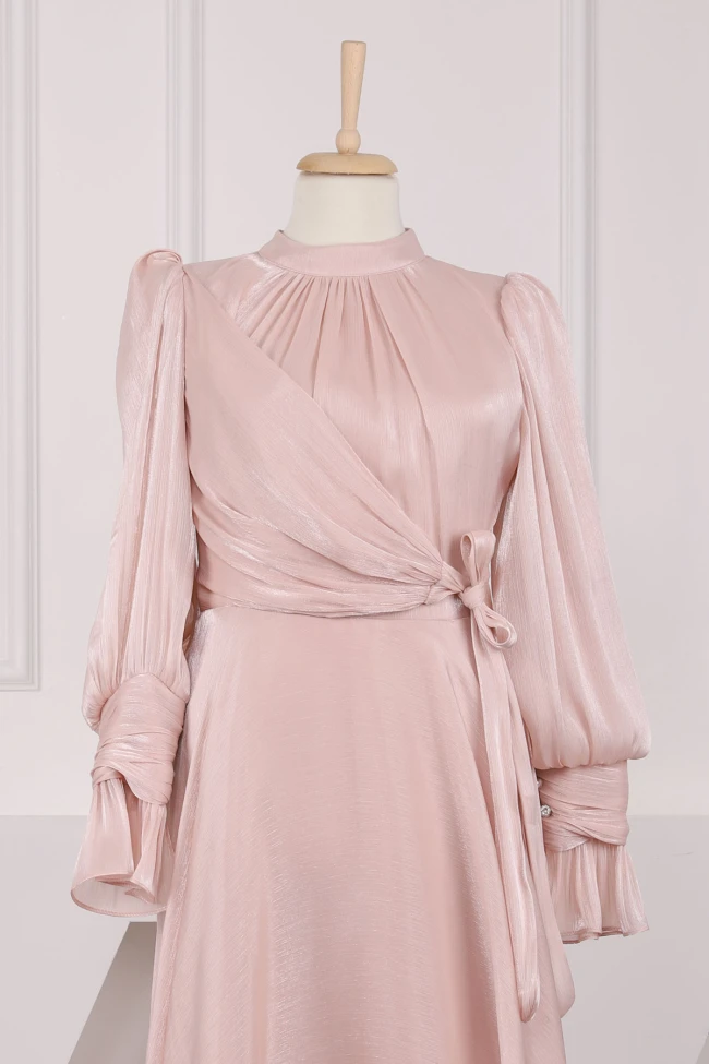 Pudra Yan Bağlamalı Kol Detaylı Abiye