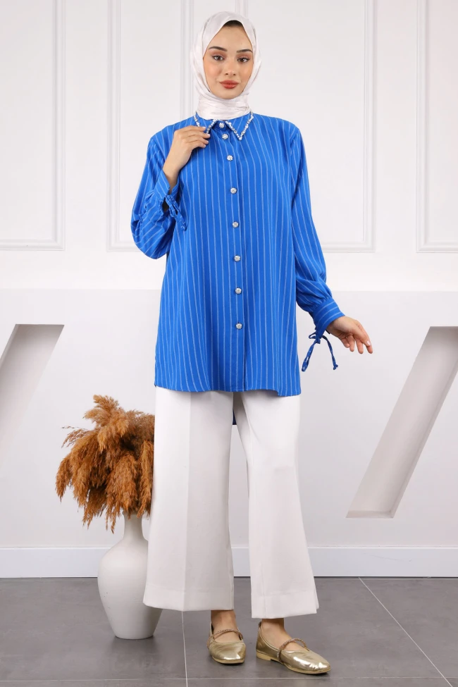 Saks Mavi Kolu Bağcıklı Yaka Taşlı Linda Tunik