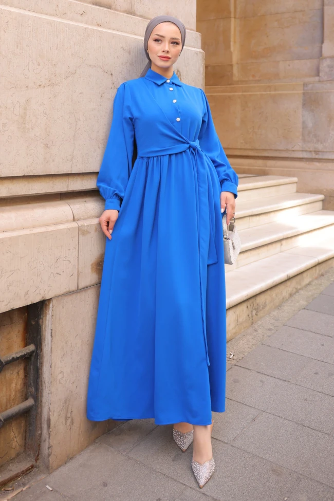 Saks Mavi Yan Bağlamalı Linda Elbise