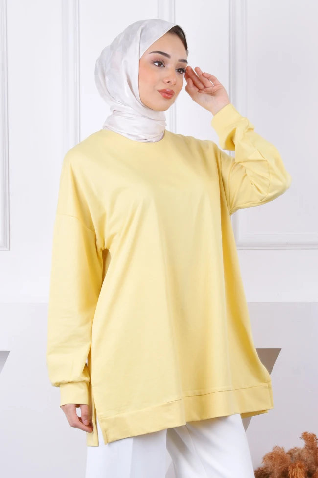 Sarı Pamuklu Kumaş Yan Yırtmaçlı Sweat