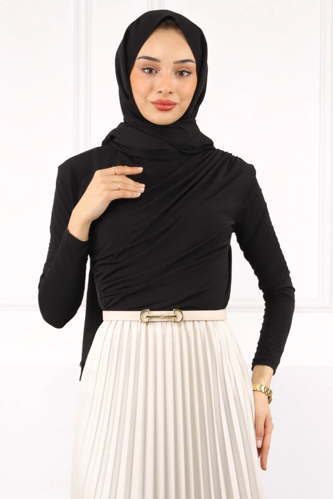 Siyah Balıkçı Yaka Drapeli Sandy Bluz