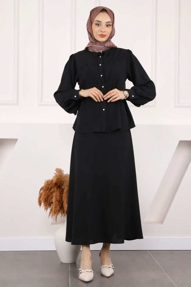 Siyah Bel Kuşaklı Gömlek Etekli Takım