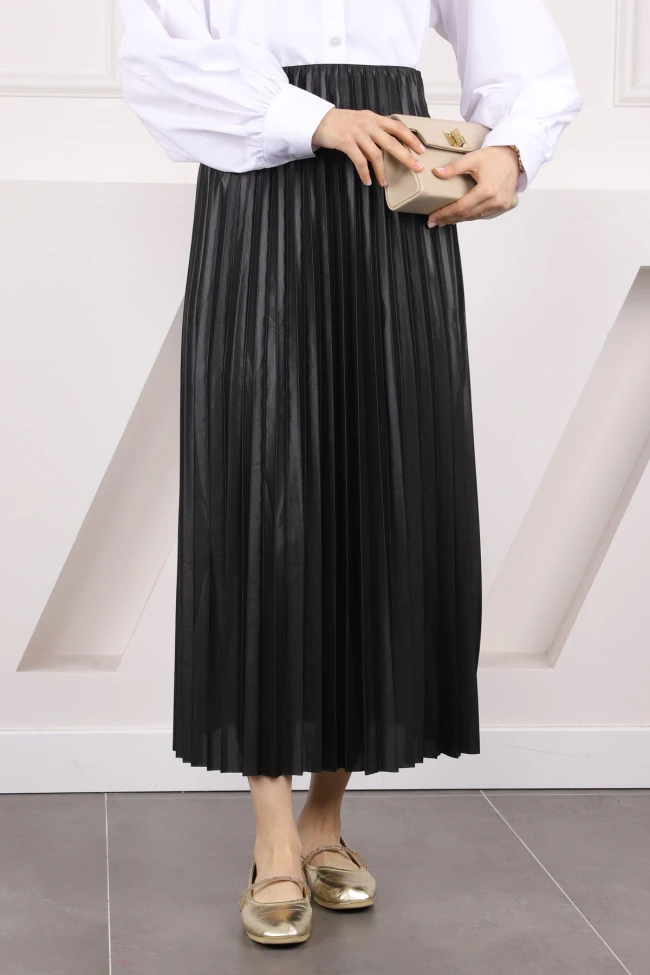 Siyah Bel Lastikli Piliseli Etek