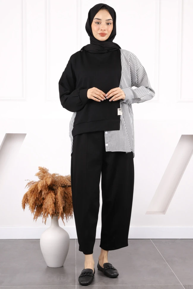 Siyah Gömlek Garnili Modal Tunik Pantolonlu Takım