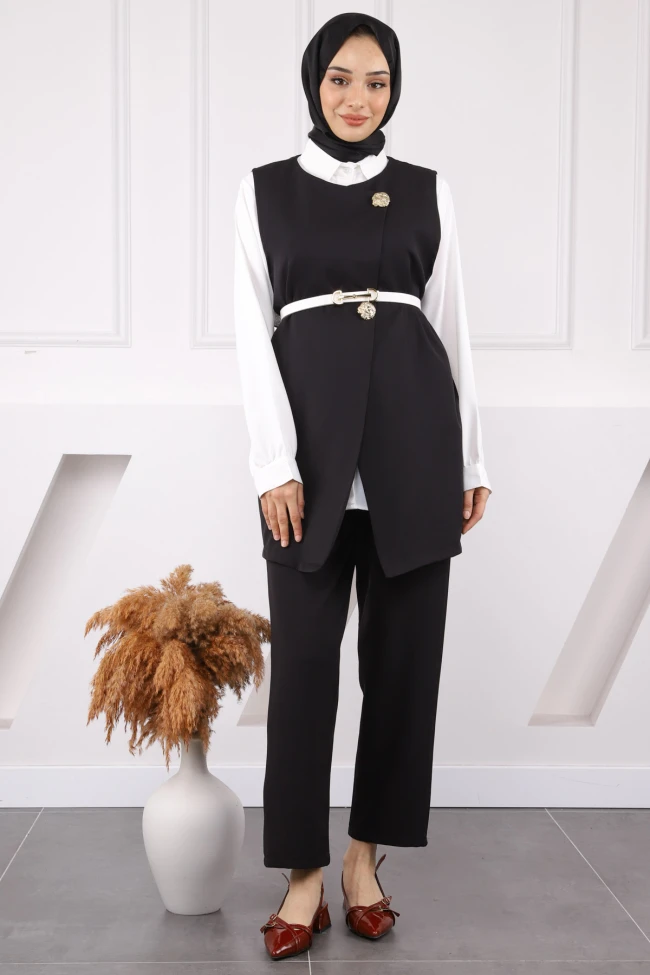 Siyah Gömlek Yelek Pantolon Üçlü Kombin Takım