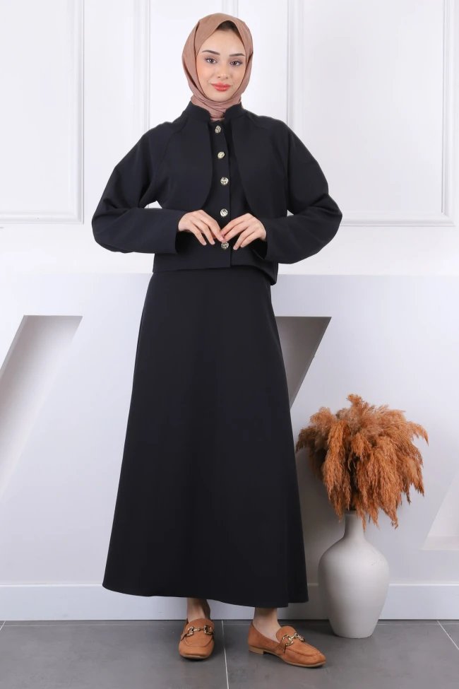 Siyah Ön Düğmeli Ceket Etekli Takım