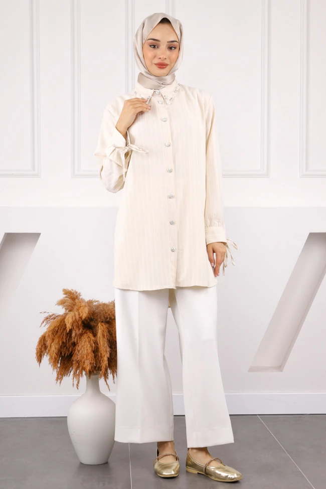 Taş Kolu Bağcıklı Yaka Taşlı Linda Tunik